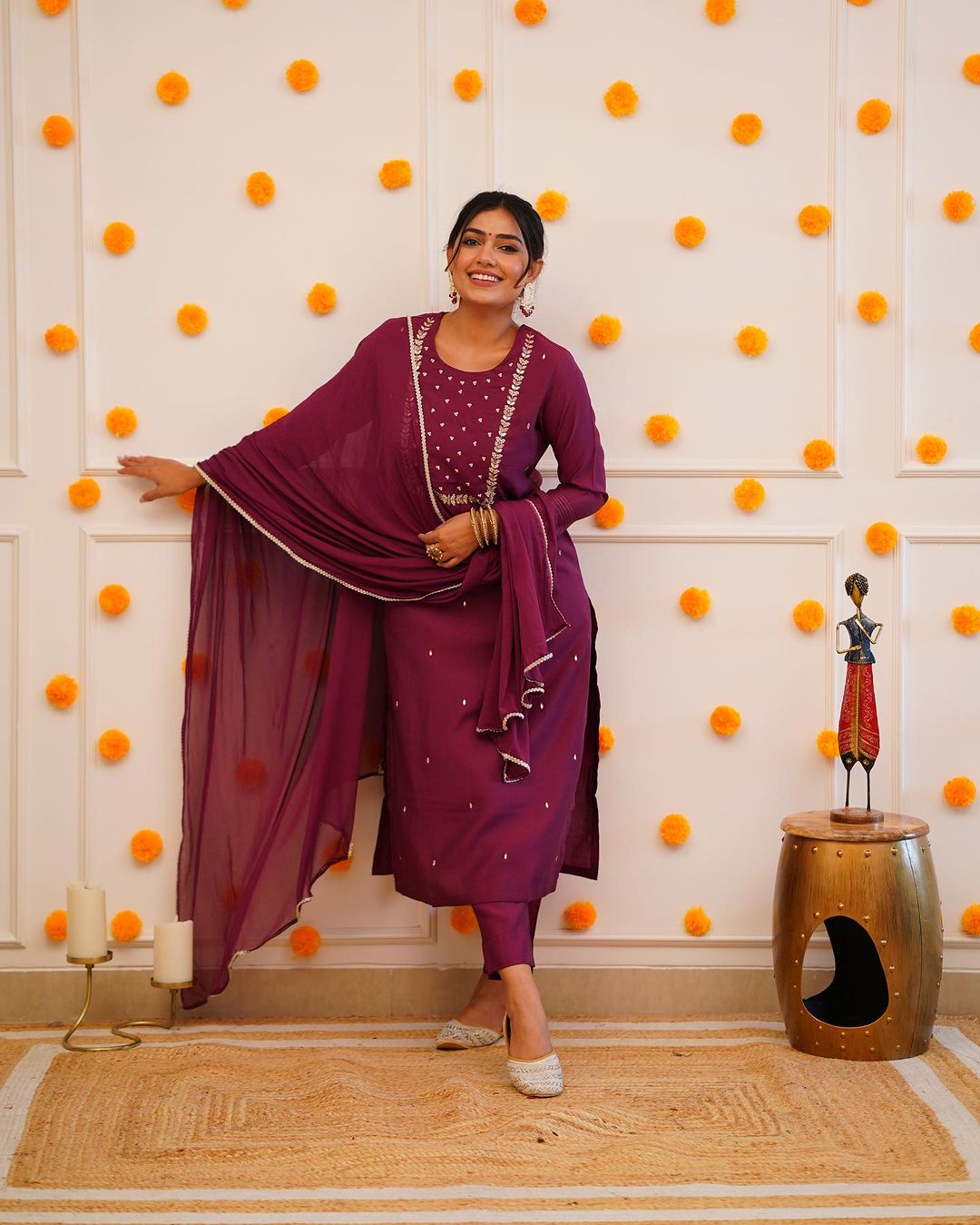 Wine Purple Embroidered Rayon Slub Kurti Set