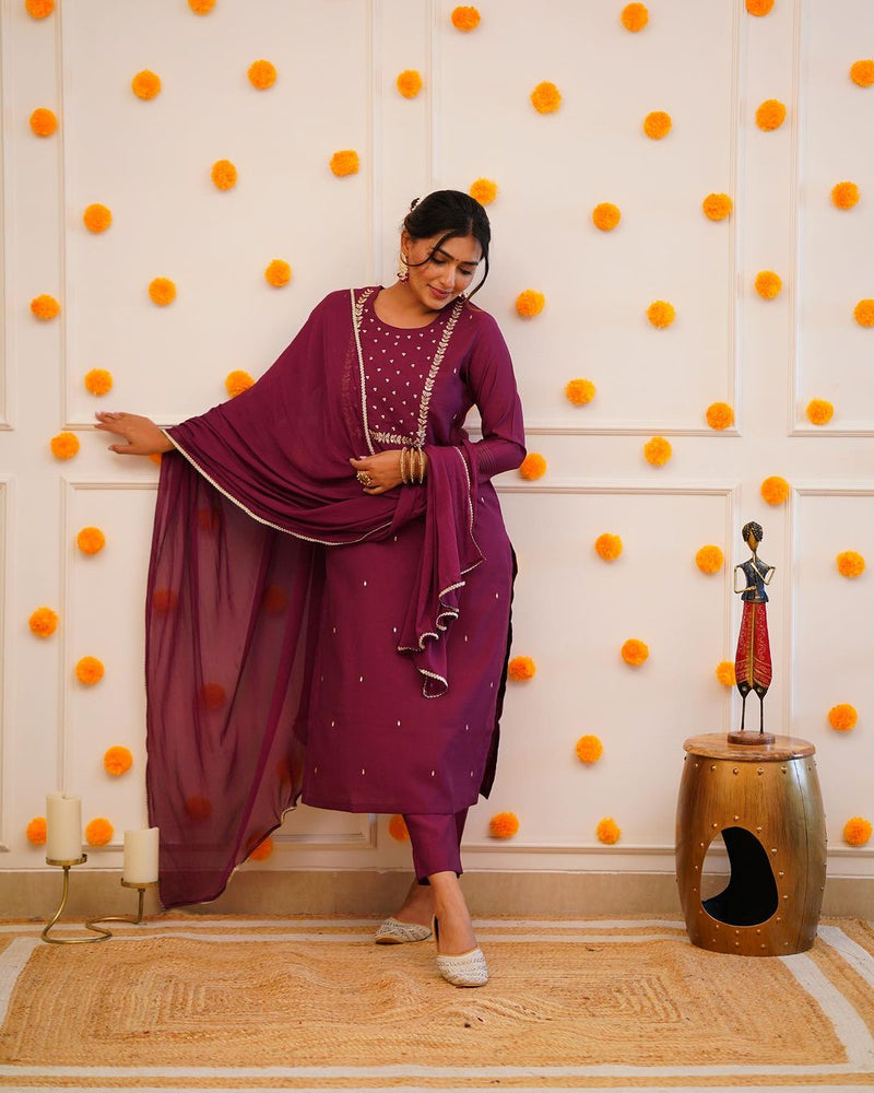 Wine Purple Embroidered Rayon Slub Kurti Set