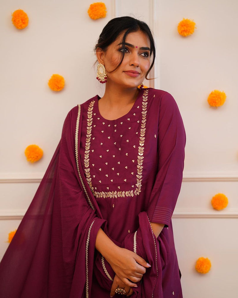 Wine Purple Embroidered Rayon Slub Kurti Set
