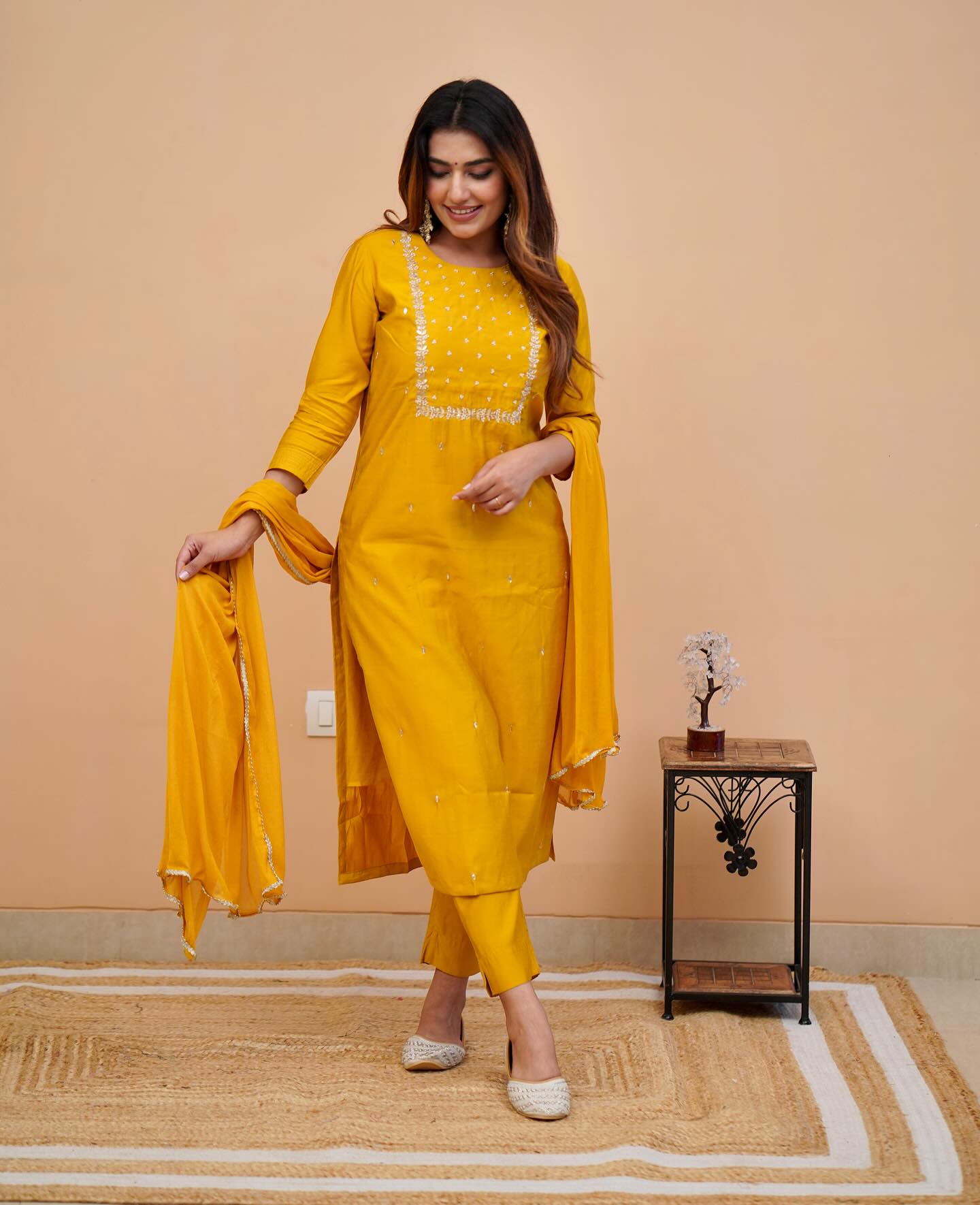 Yellow Embroidered Rayon Slub Kurti Set