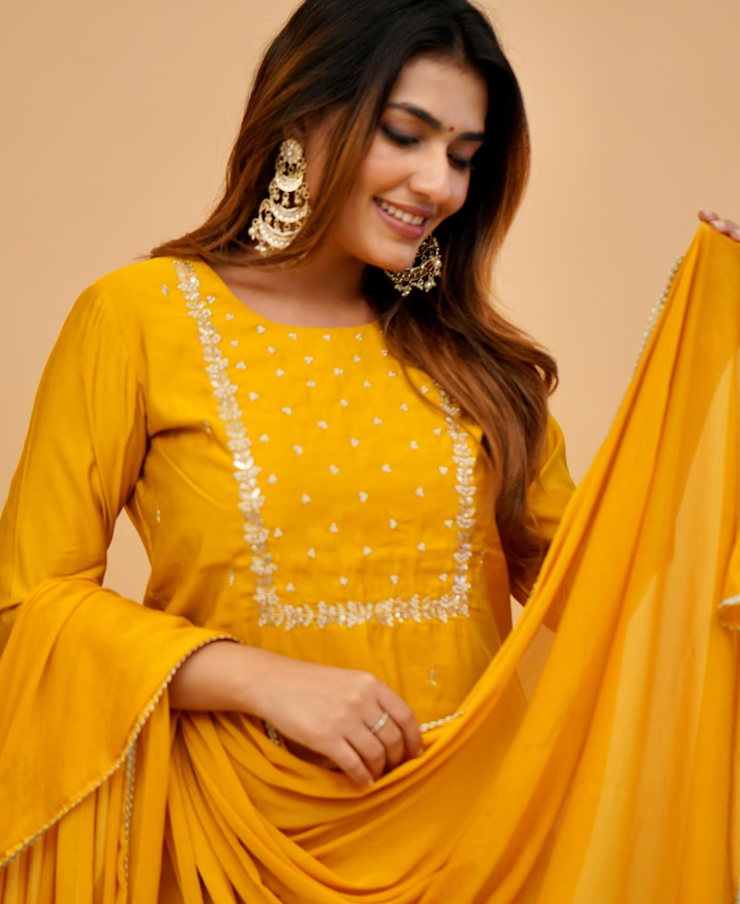 Yellow Embroidered Rayon Slub Kurti Set