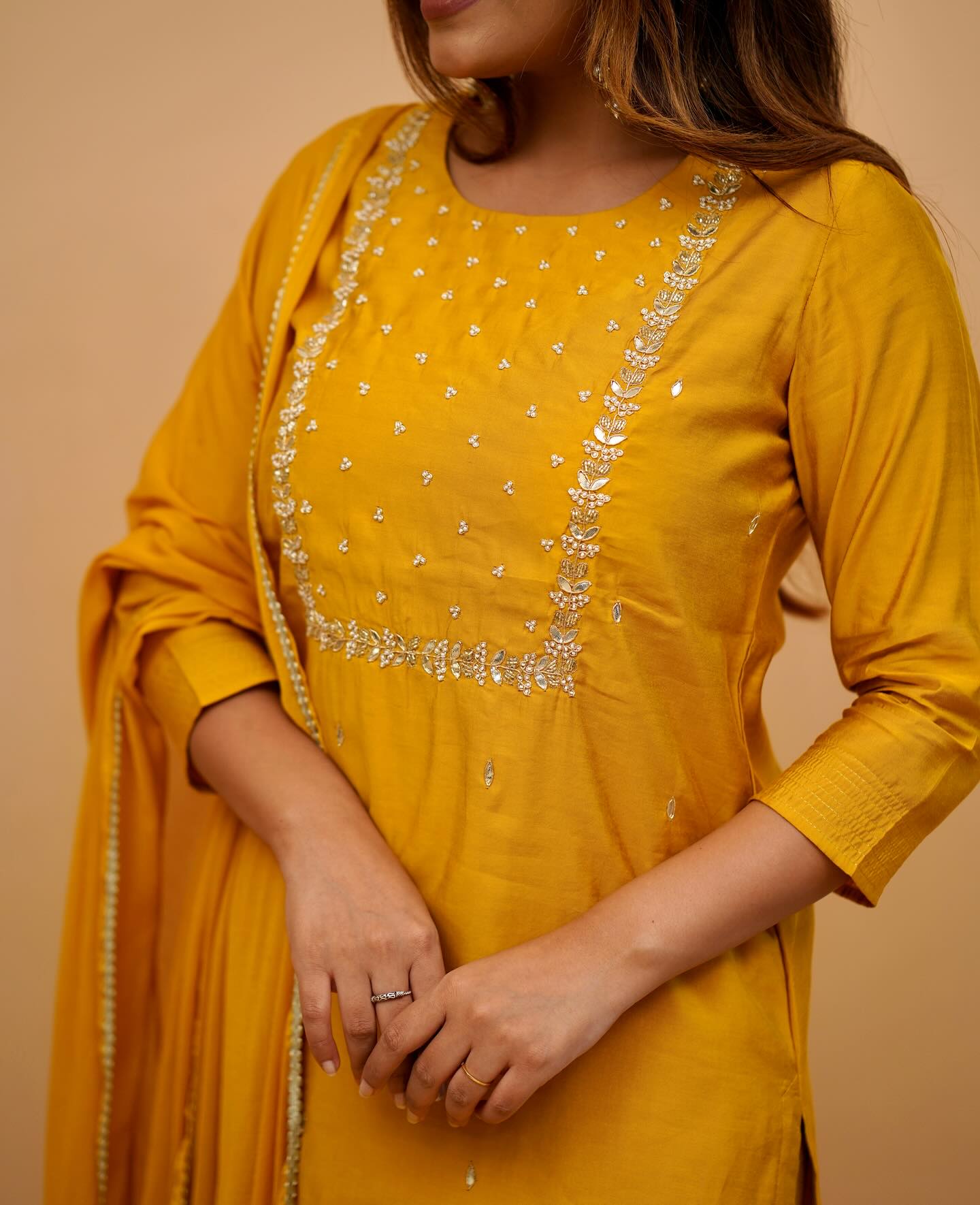 Yellow Embroidered Rayon Slub Kurti Set