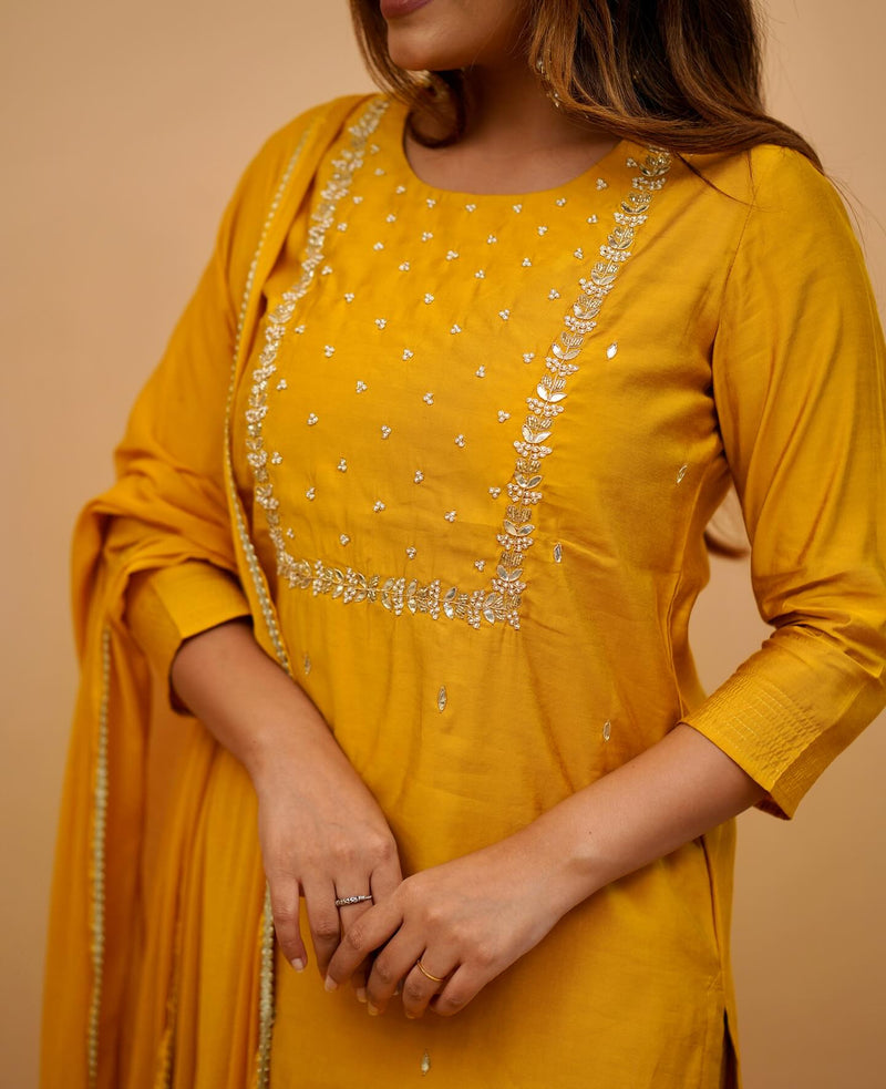 Yellow Embroidered Rayon Slub Kurti Set