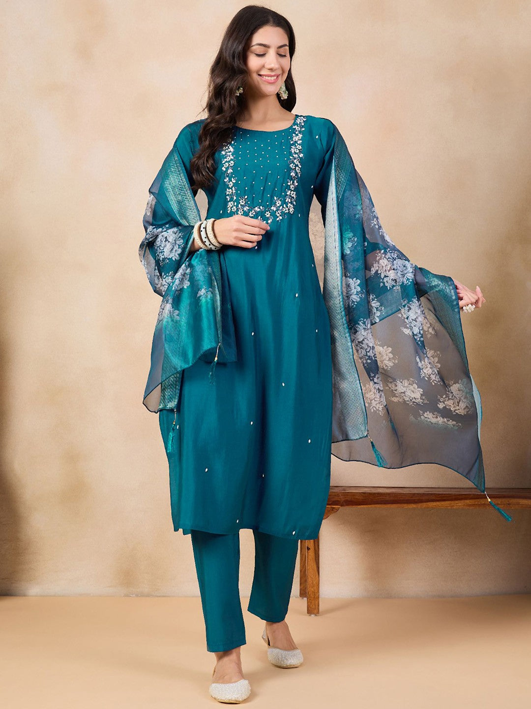 Blue Embroidered Viscose Chanderi Kurti Set