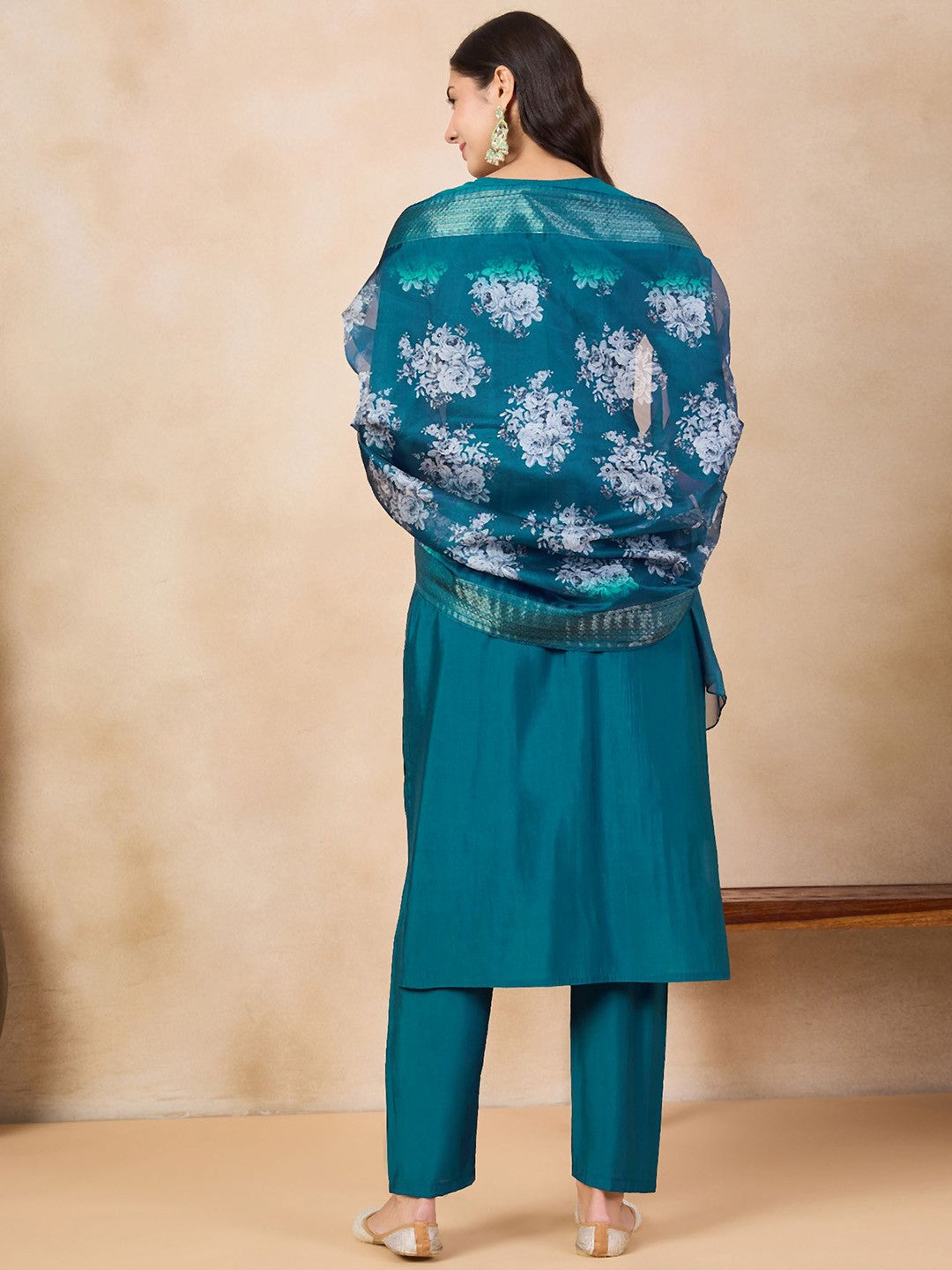 Blue Embroidered Viscose Chanderi Kurti Set