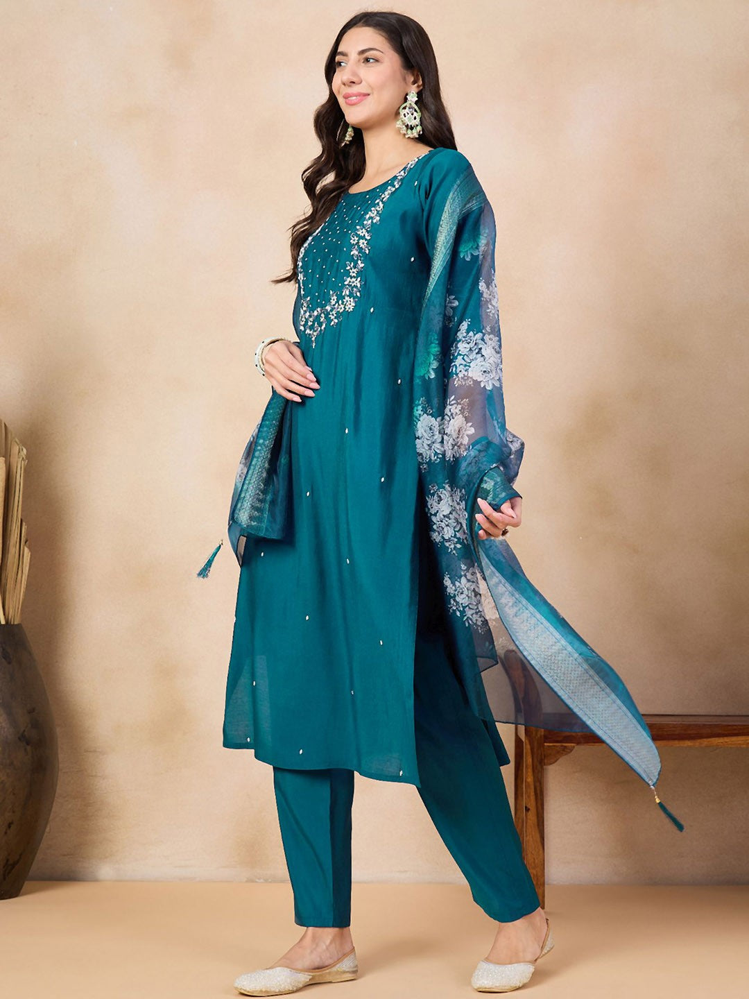 Blue Embroidered Viscose Chanderi Kurti Set