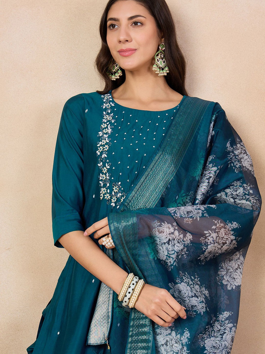 Blue Embroidered Viscose Chanderi Kurti Set
