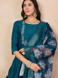 Blue Embroidered Viscose Chanderi Kurti Set