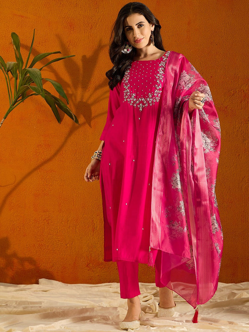 Hot Pink Embroidered Viscose Chanderi Kurti Set
