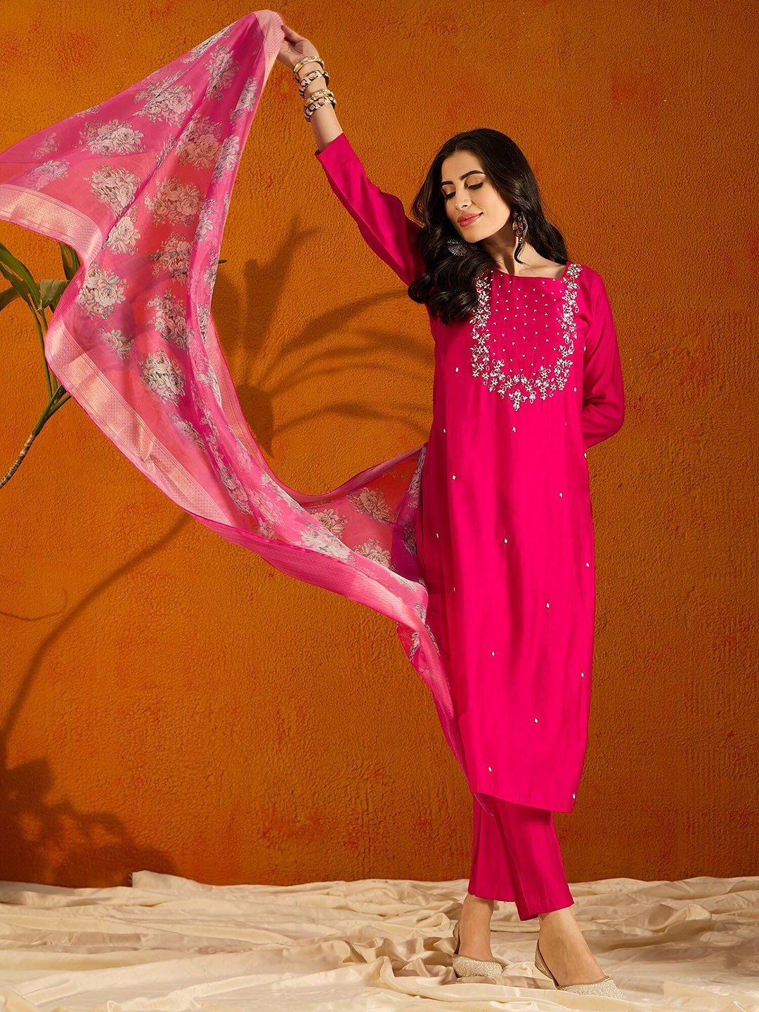 Hot Pink Embroidered Viscose Chanderi Kurti Set