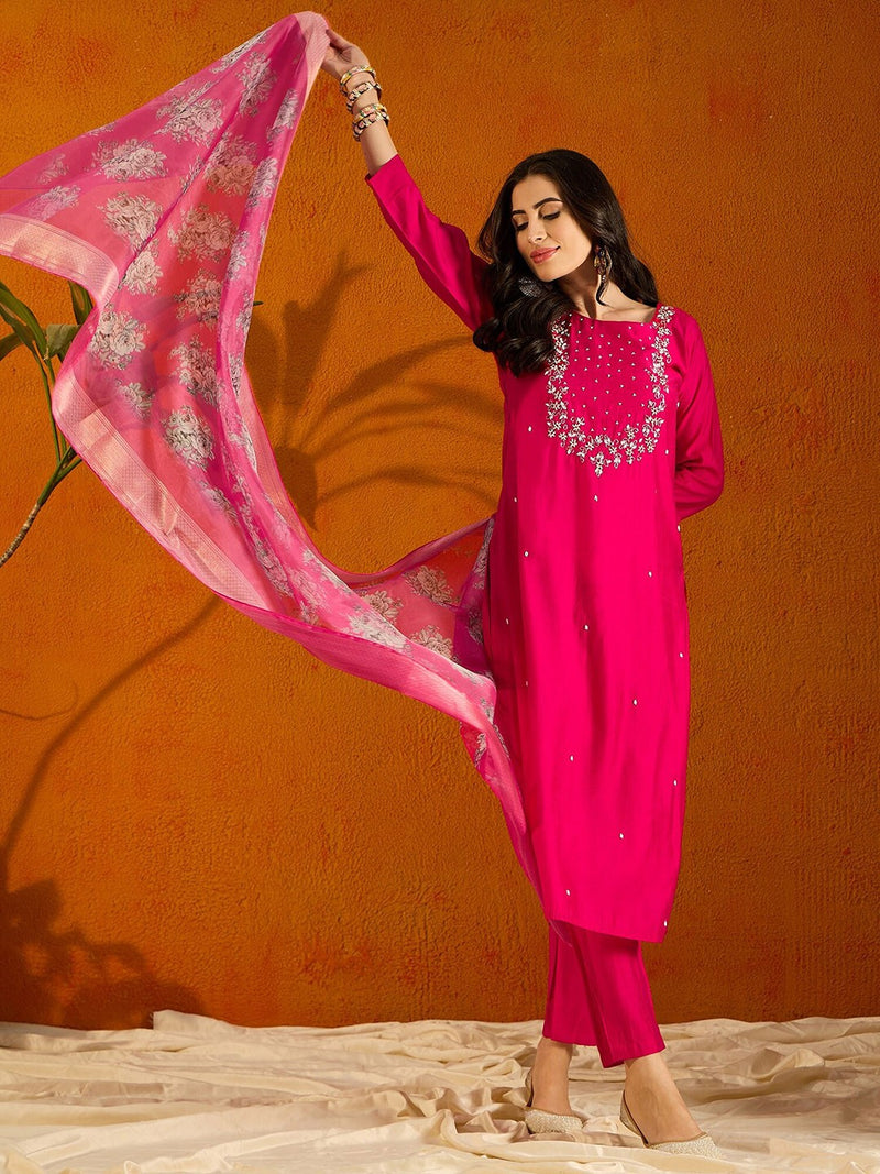 Hot Pink Embroidered Viscose Chanderi Kurti Set