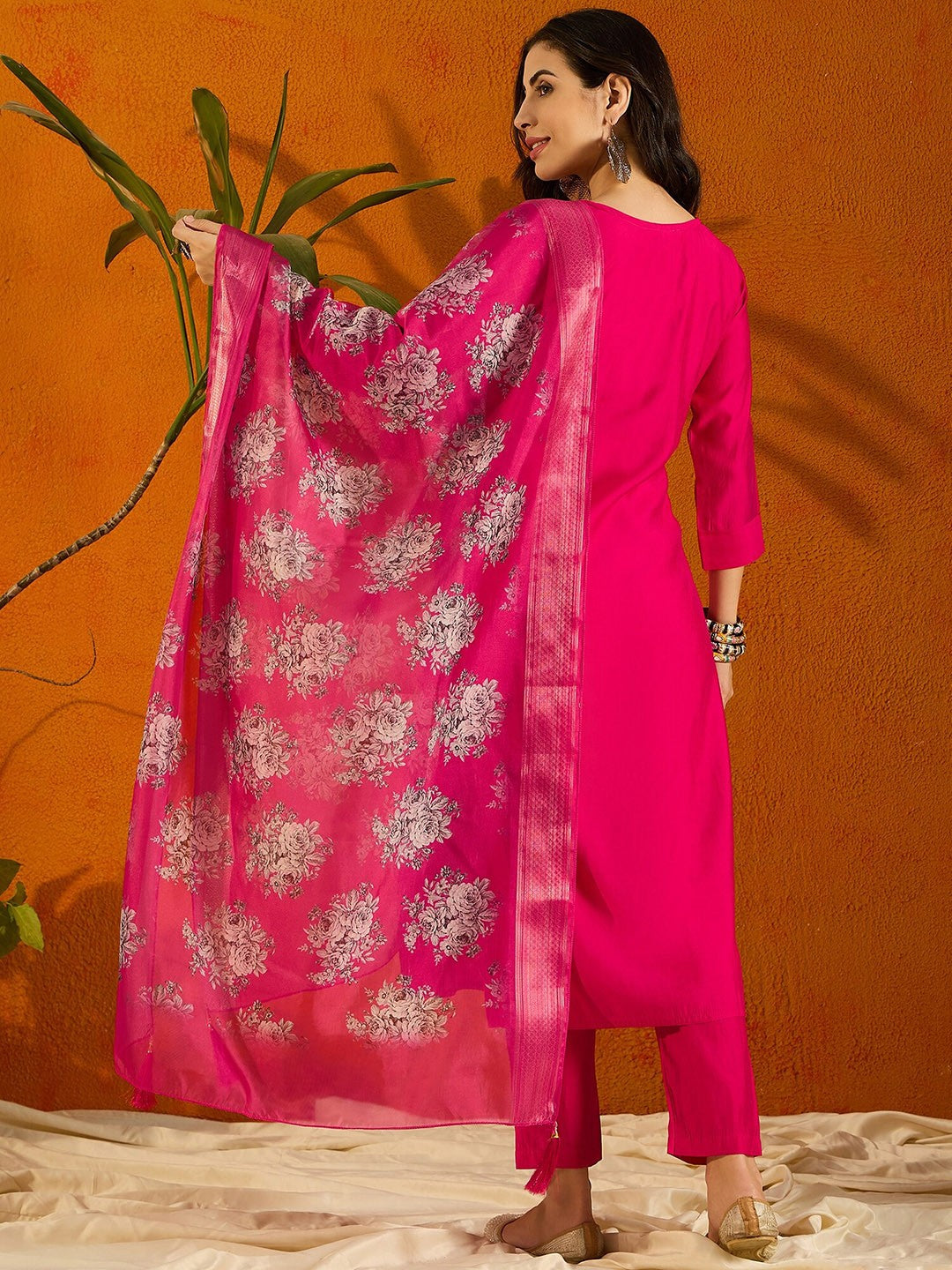 Hot Pink Embroidered Viscose Chanderi Kurti Set