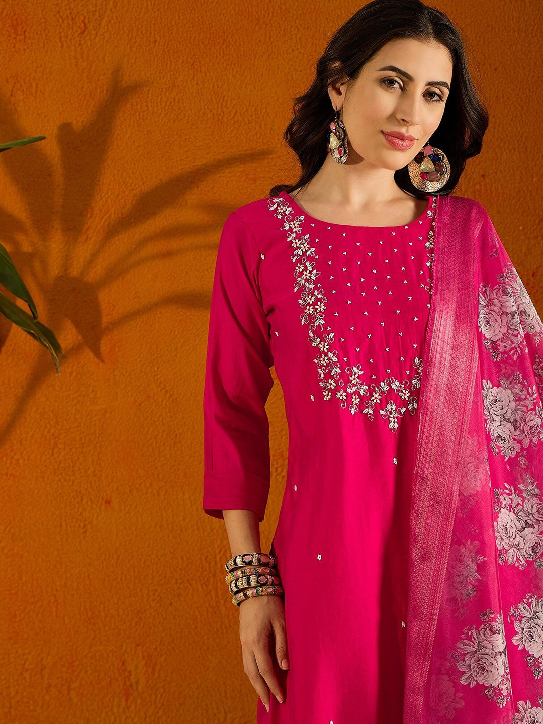 Hot Pink Embroidered Viscose Chanderi Kurti Set