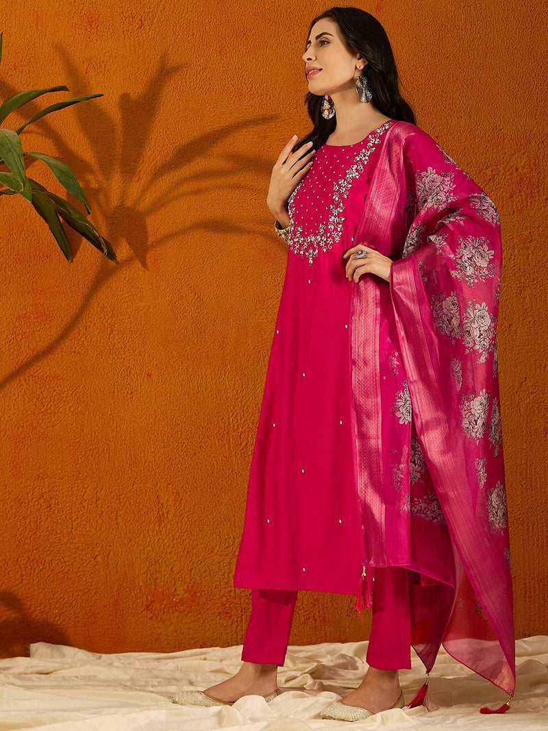 Hot Pink Embroidered Viscose Chanderi Kurti Set