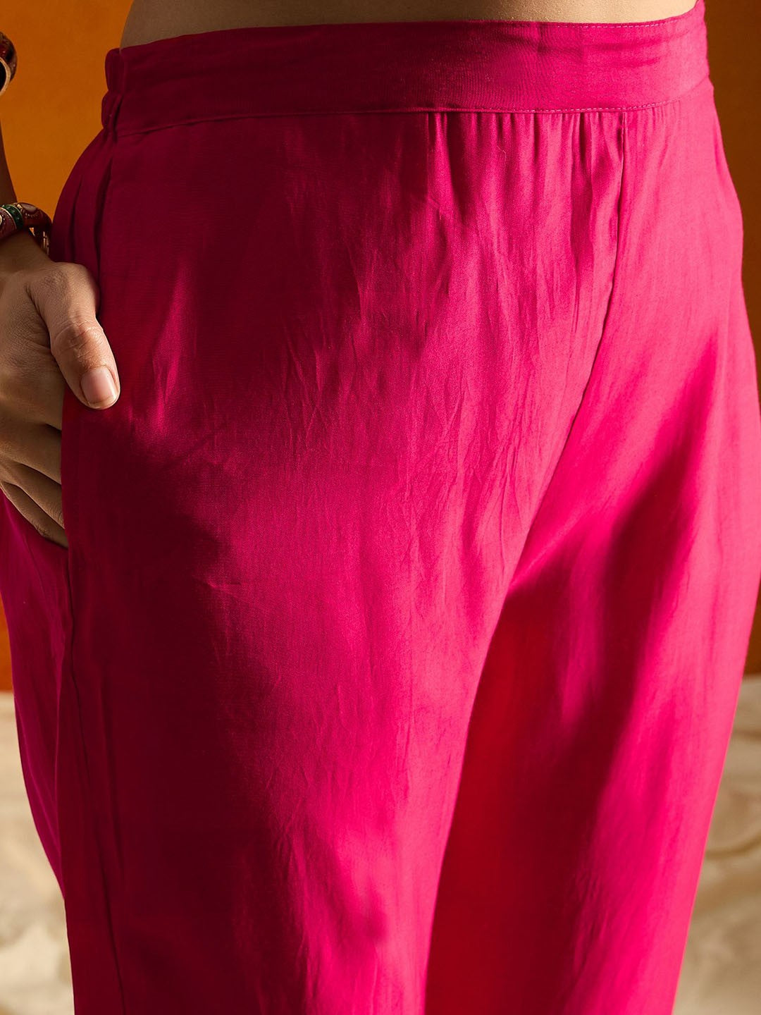 Hot Pink Embroidered Viscose Chanderi Kurti Set