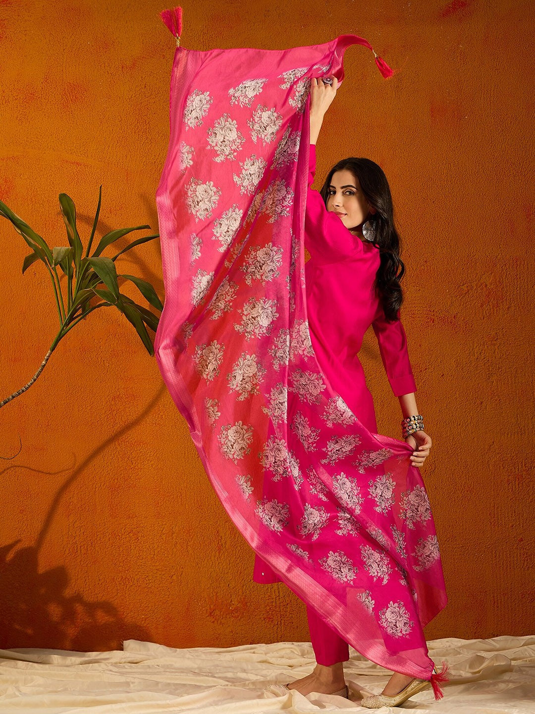 Hot Pink Embroidered Viscose Chanderi Kurti Set