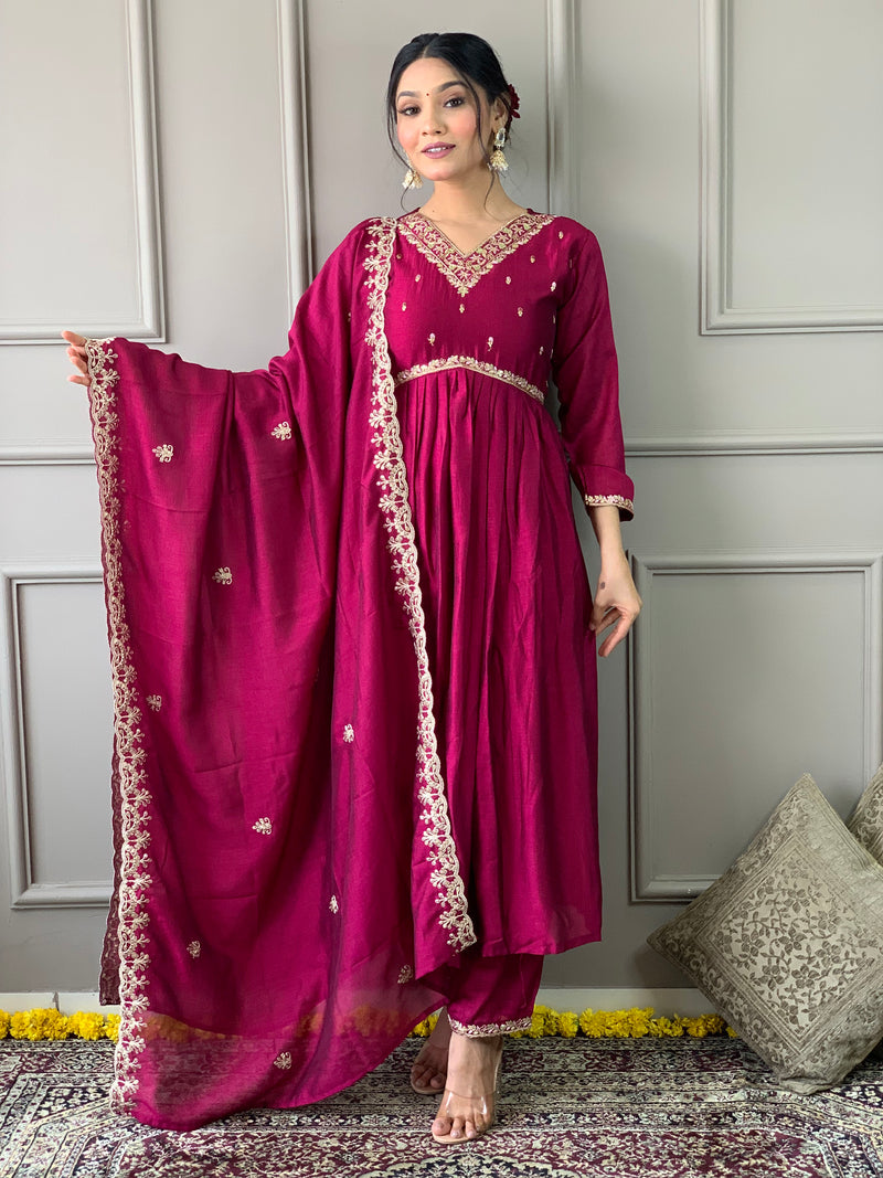 Wine Embroidered CP Vichitra Anarkali Kurti Set with Dupatta