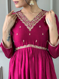Wine Embroidered CP Vichitra Anarkali Kurti Set with Dupatta