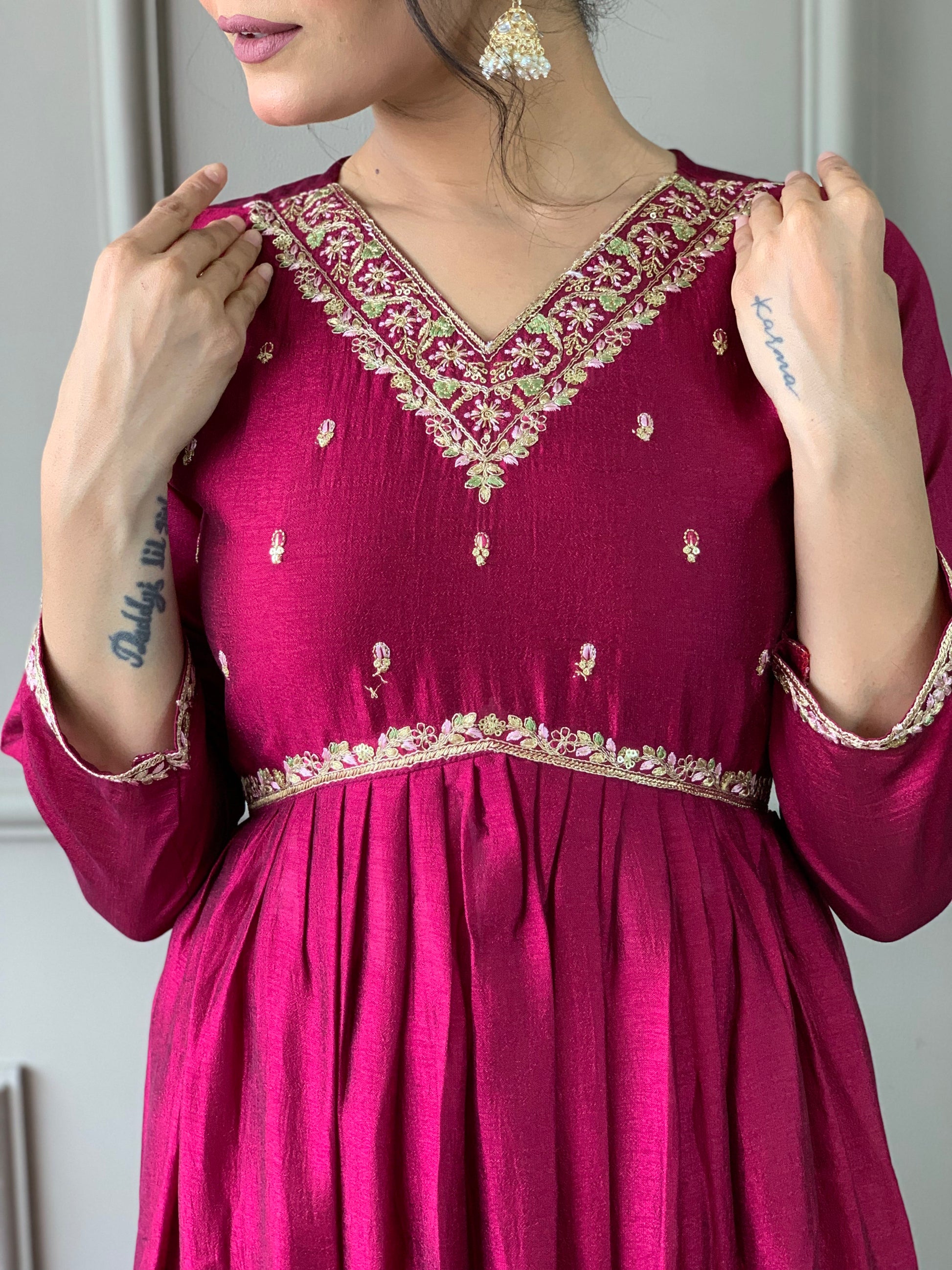 Wine Embroidered CP Vichitra Anarkali Kurti Set with Dupatta