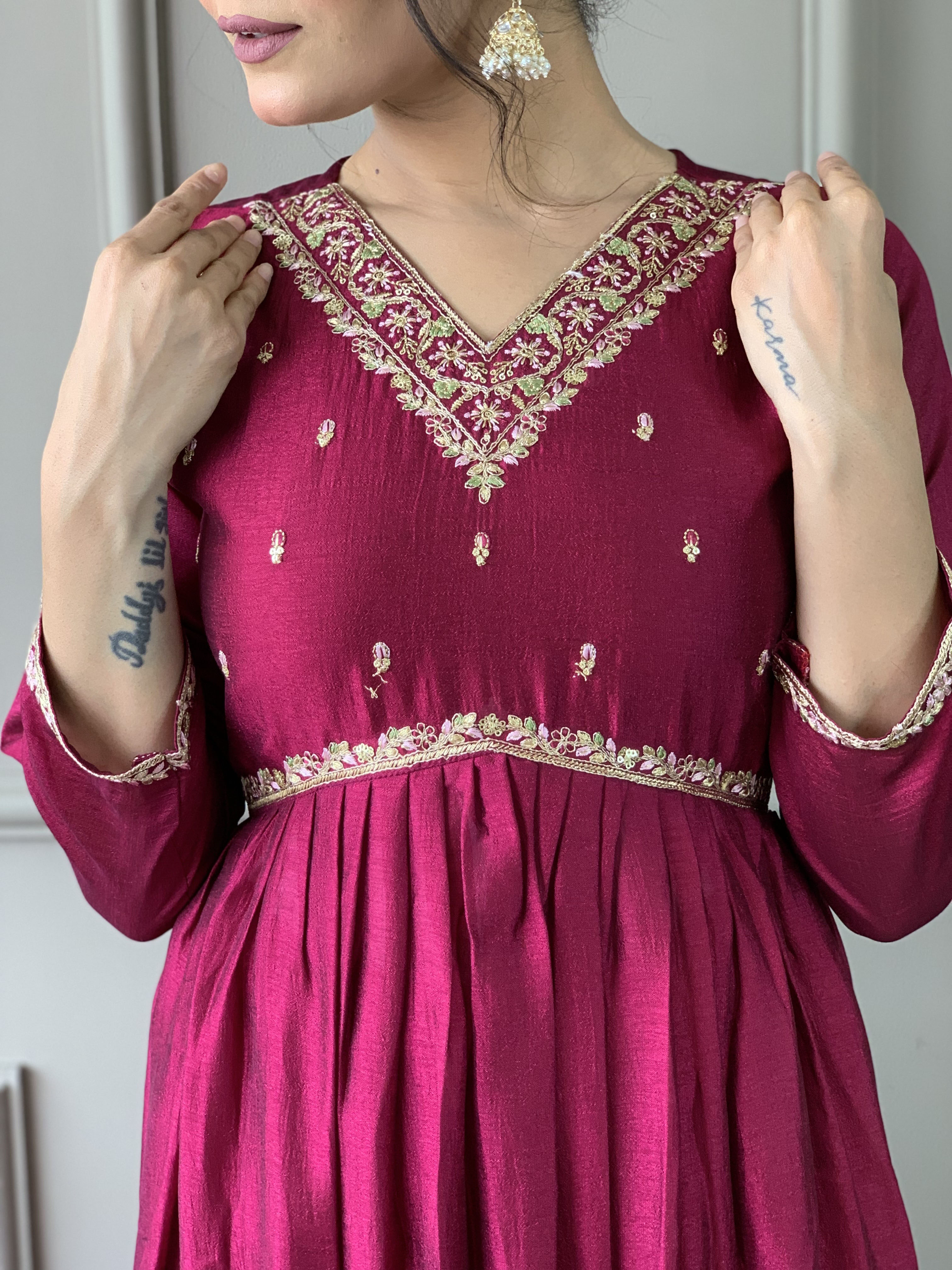 Wine Embroidered CP Vichitra Anarkali Kurti Set with Dupatta