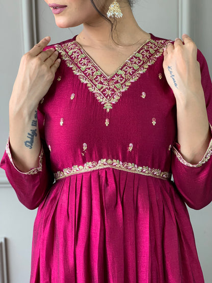 Wine Embroidered CP Vichitra Anarkali Kurti Set with Dupatta