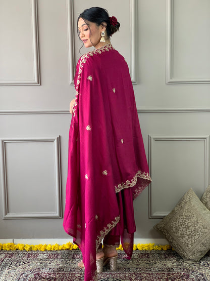 Wine Embroidered CP Vichitra Anarkali Kurti Set with Dupatta