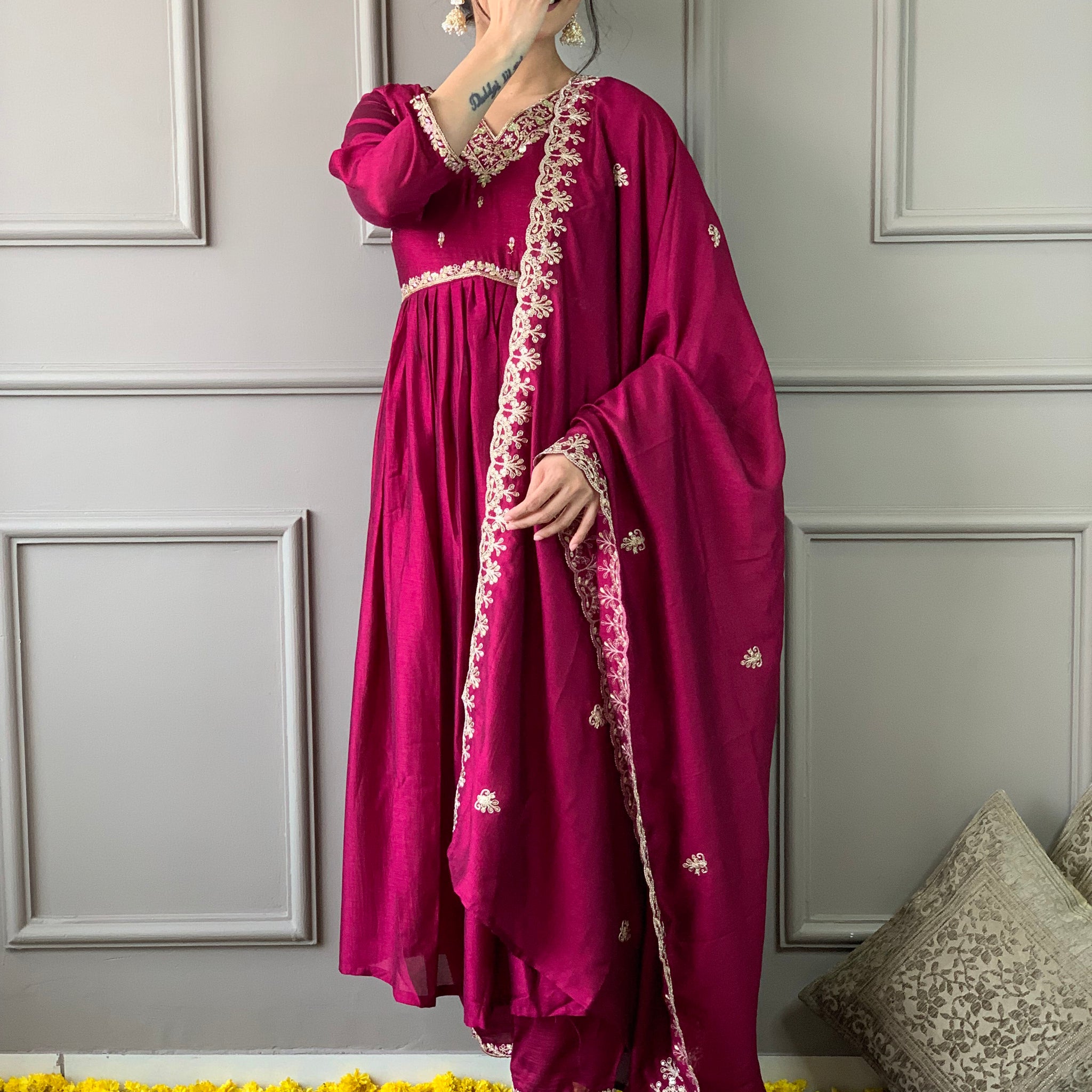 Wine Embroidered CP Vichitra Anarkali Kurti Set with Dupatta