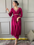 Wine Embroidered CP Vichitra Anarkali Kurti Set with Dupatta
