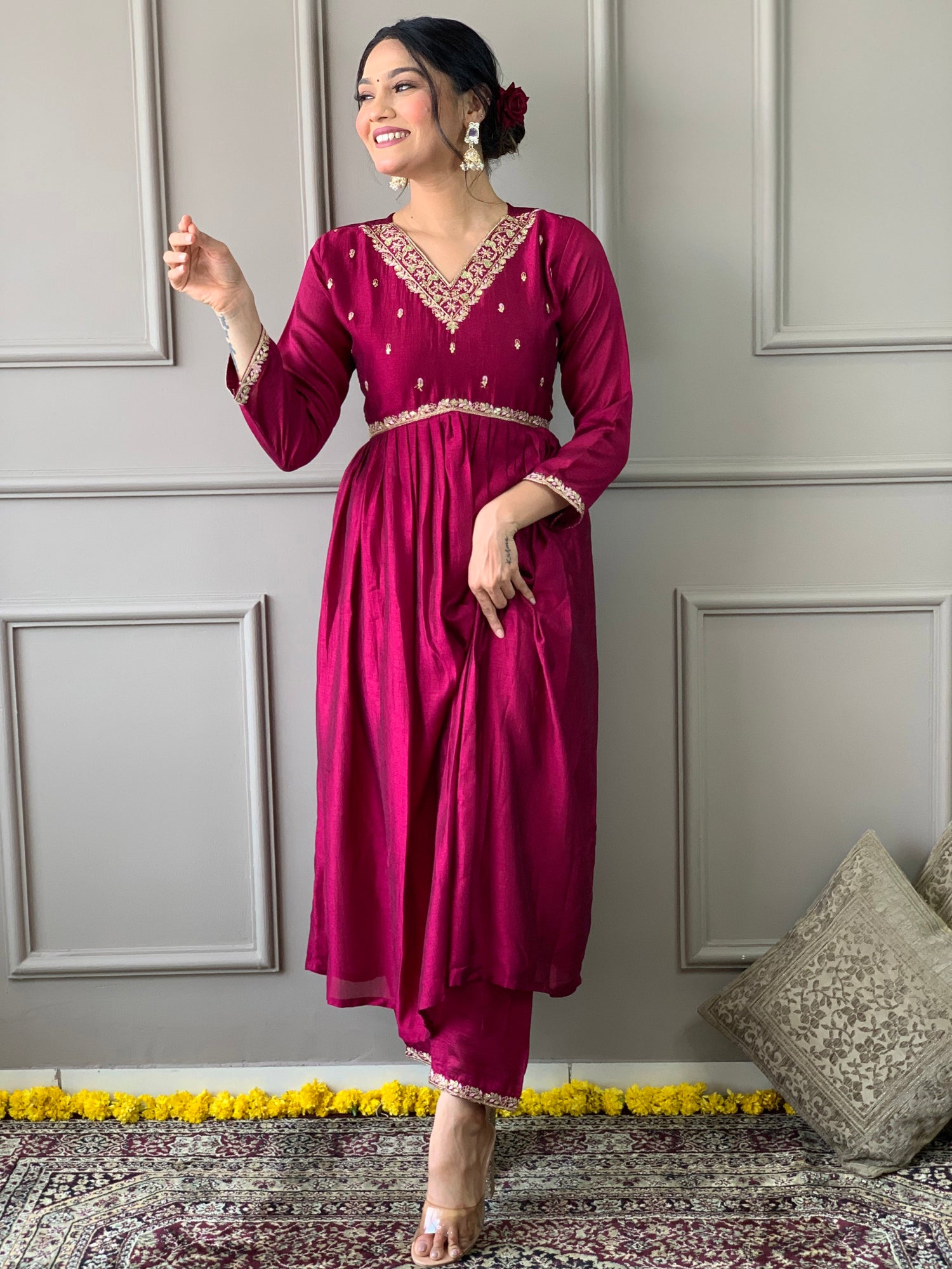 Wine Embroidered CP Vichitra Anarkali Kurti Set with Dupatta