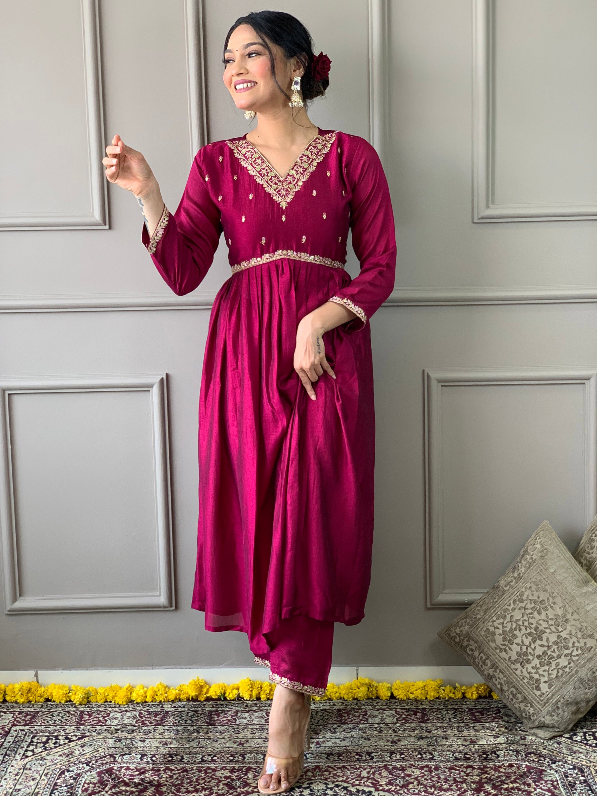 Wine Embroidered CP Vichitra Anarkali Kurti Set with Dupatta