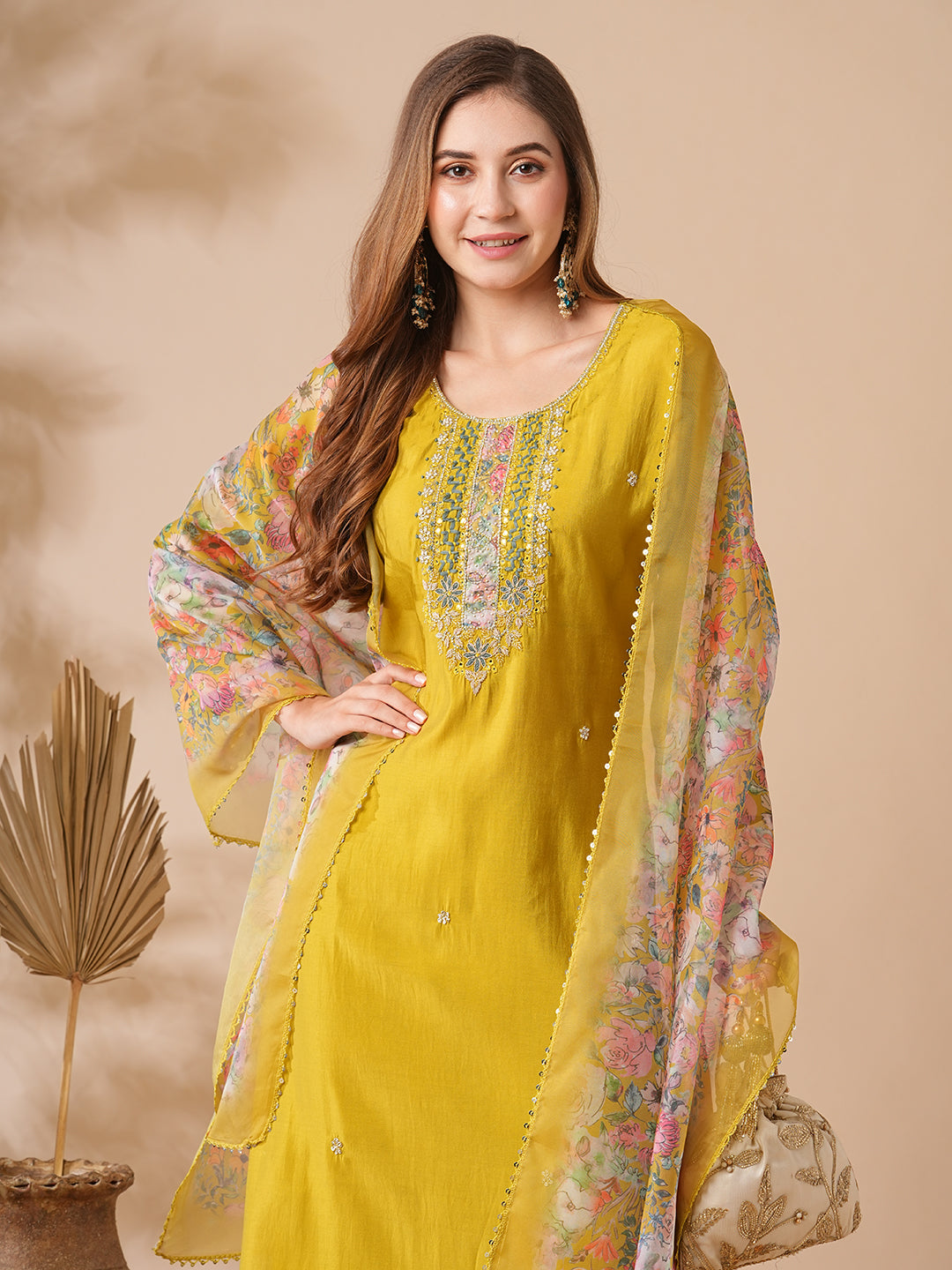 Mustard Yellow Chanderi Cotton Kurti Set