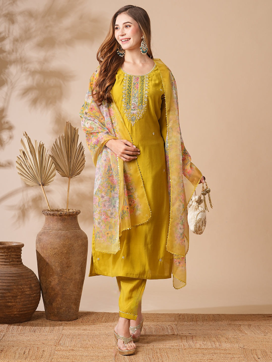 Mustard Yellow Chanderi Cotton Kurti Set