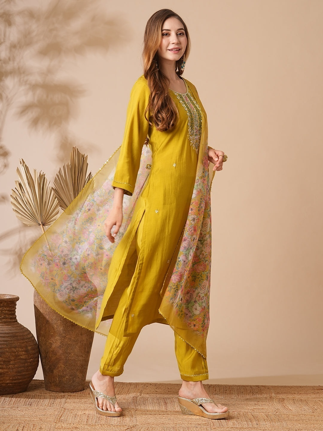 Mustard Yellow Chanderi Cotton Kurti Set