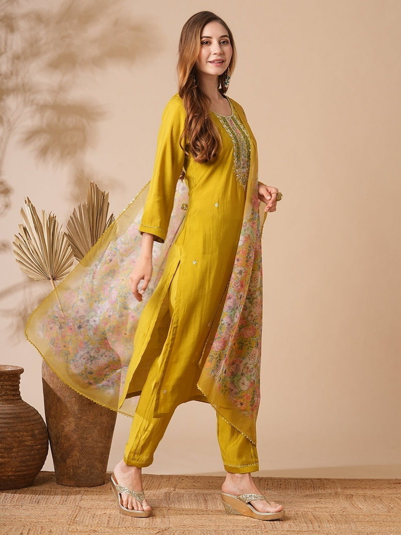 Mustard Yellow Chanderi Cotton Kurti Set