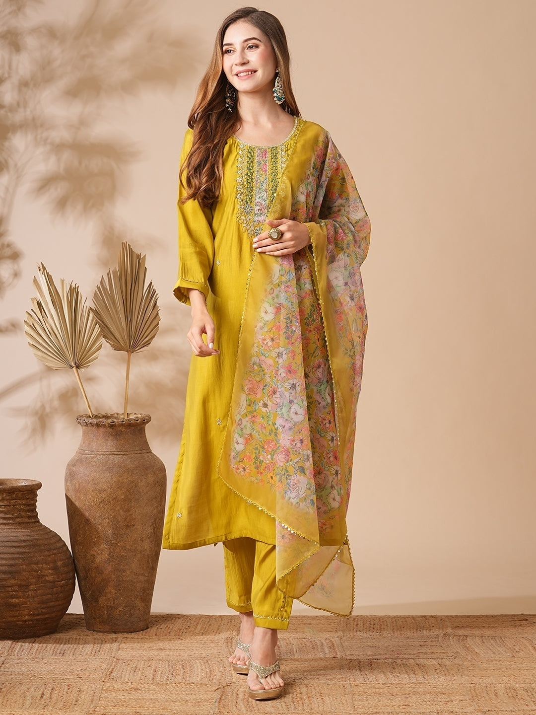 Mustard Yellow Chanderi Cotton Kurti Set