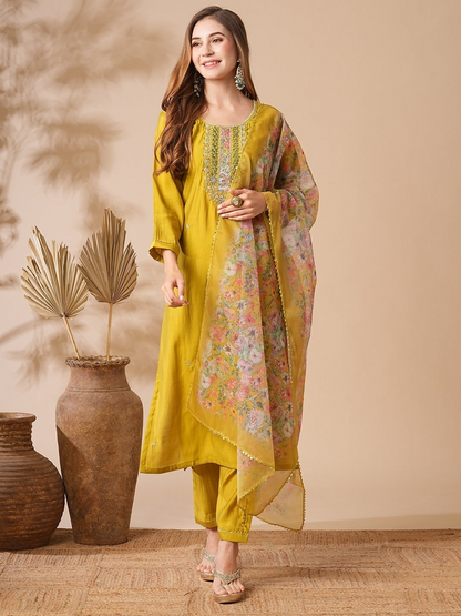 Mustard Yellow Chanderi Cotton Kurti Set