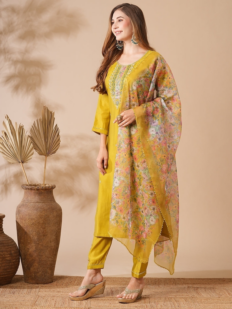 Mustard Yellow Chanderi Cotton Kurti Set