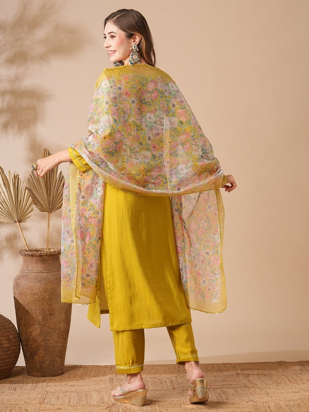 Mustard Yellow Chanderi Cotton Kurti Set