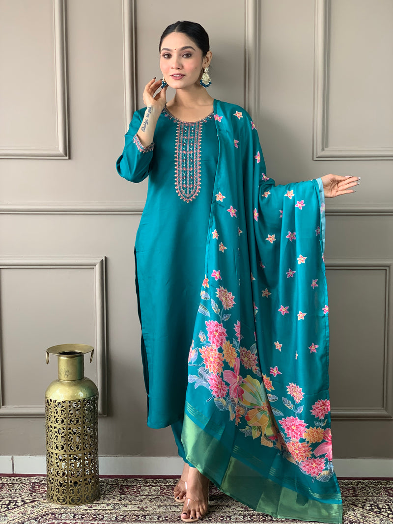 Teal Green Viscose Chanderi Kurti Set