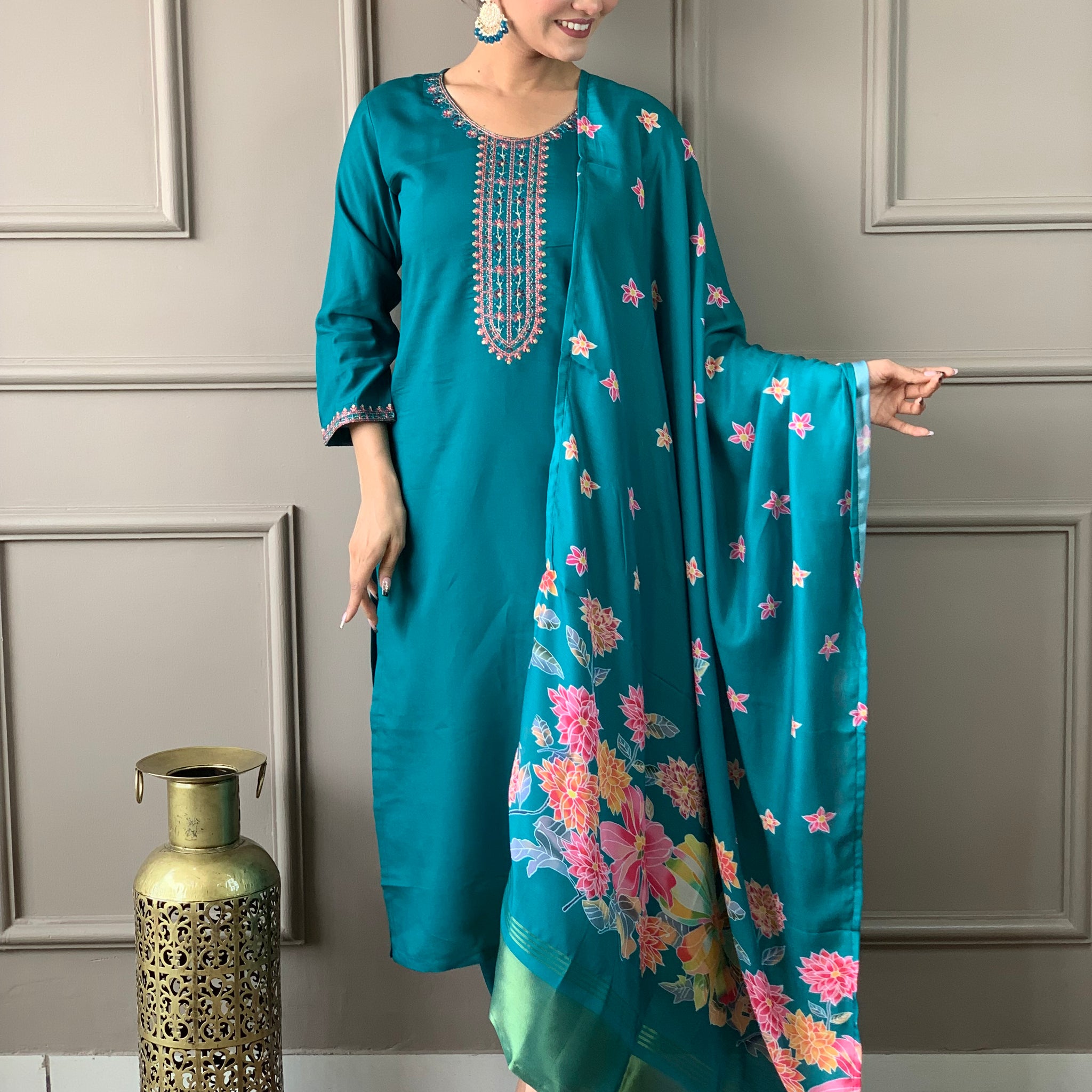 Teal Green Viscose Chanderi Kurti Set