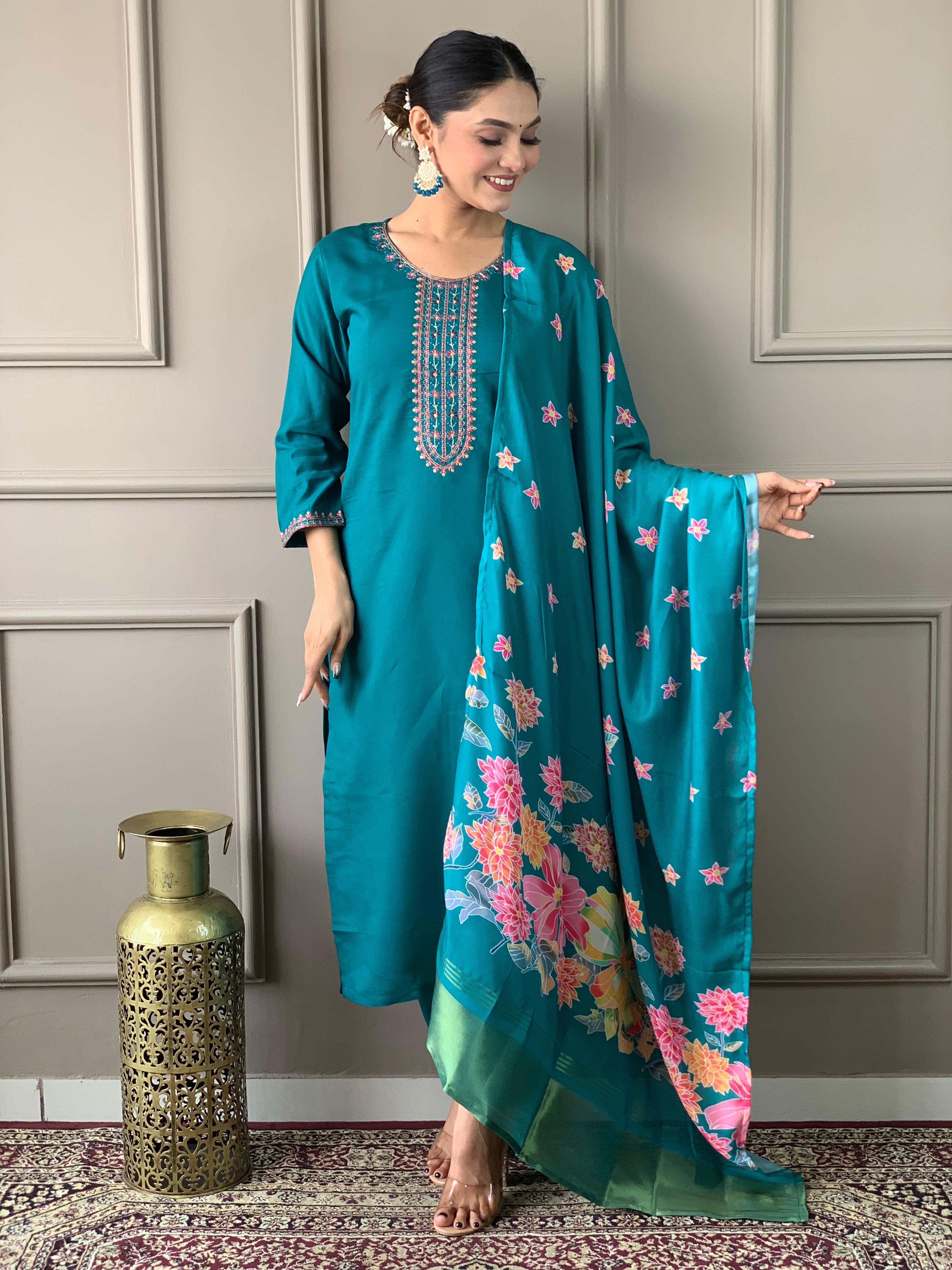 Teal Green Viscose Chanderi Kurti Set