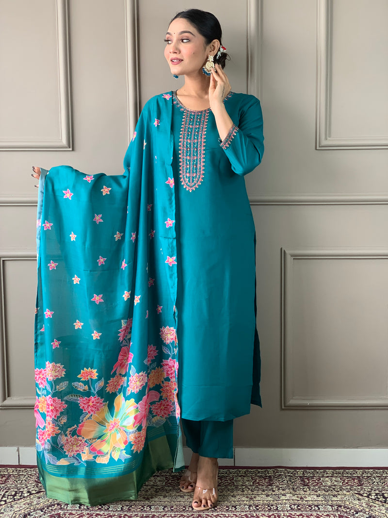 Teal Green Viscose Chanderi Kurti Set