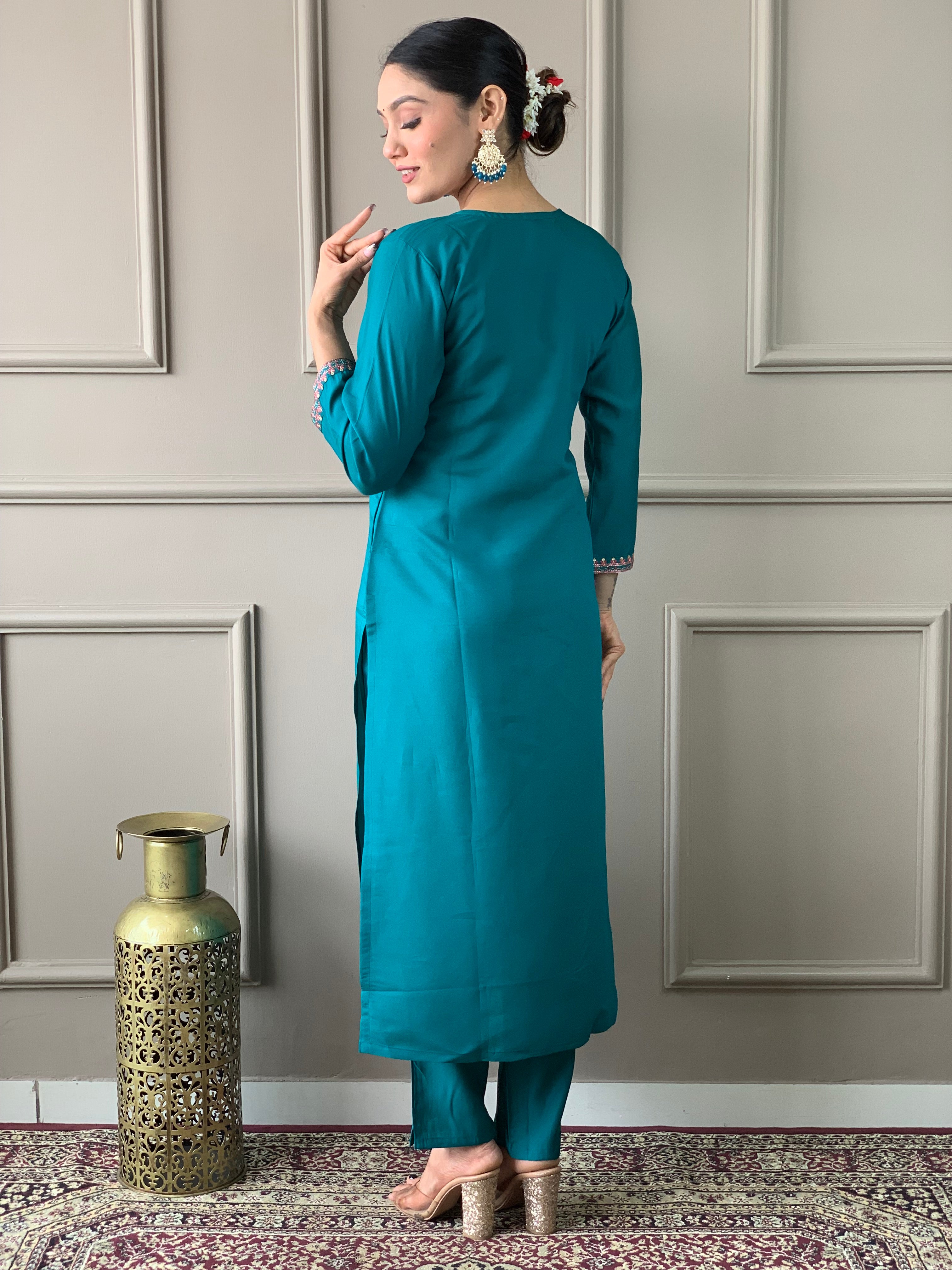 Teal Green Viscose Chanderi Kurti Set