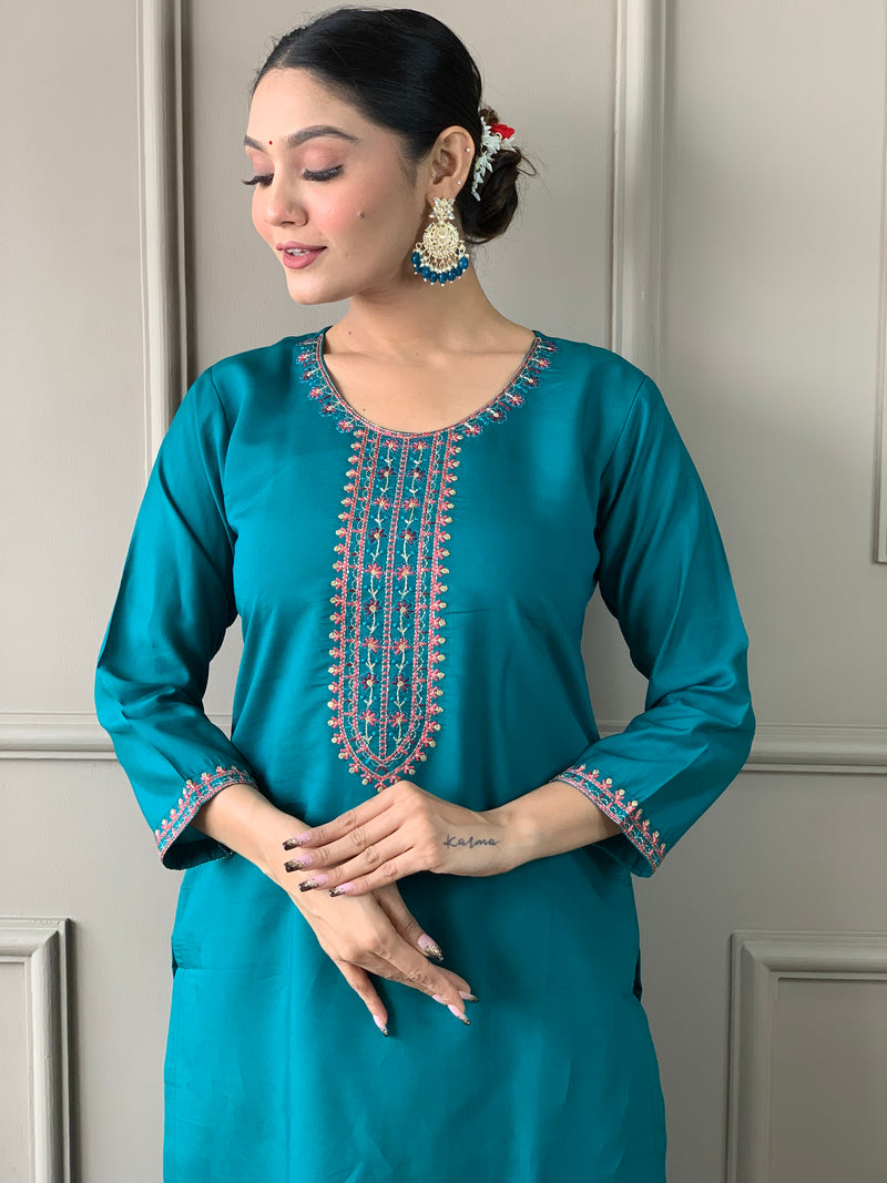 Teal Green Viscose Chanderi Kurti Set