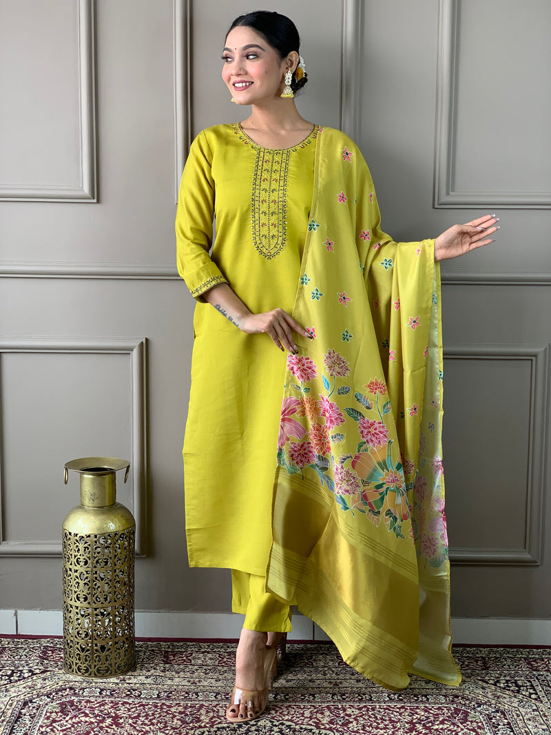 Yellow Viscose Chanderi Kurti Set with Satin Dupatta