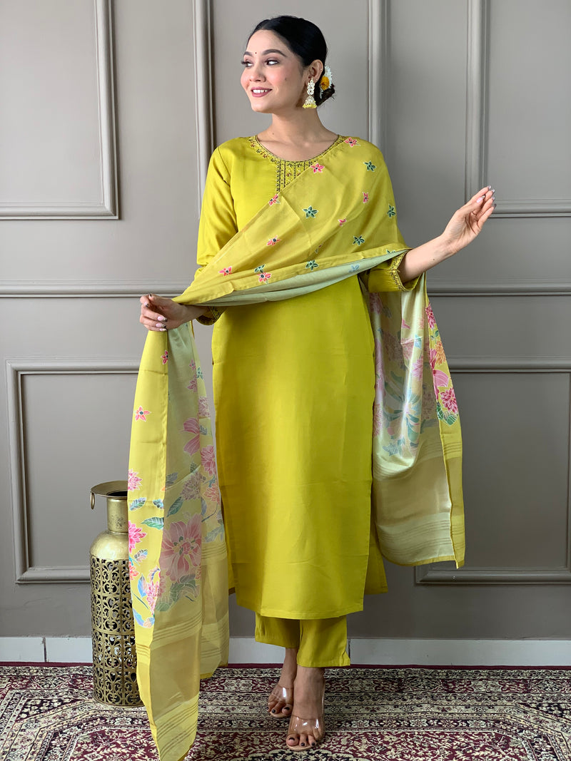 Yellow Viscose Chanderi Kurti Set with Satin Dupatta