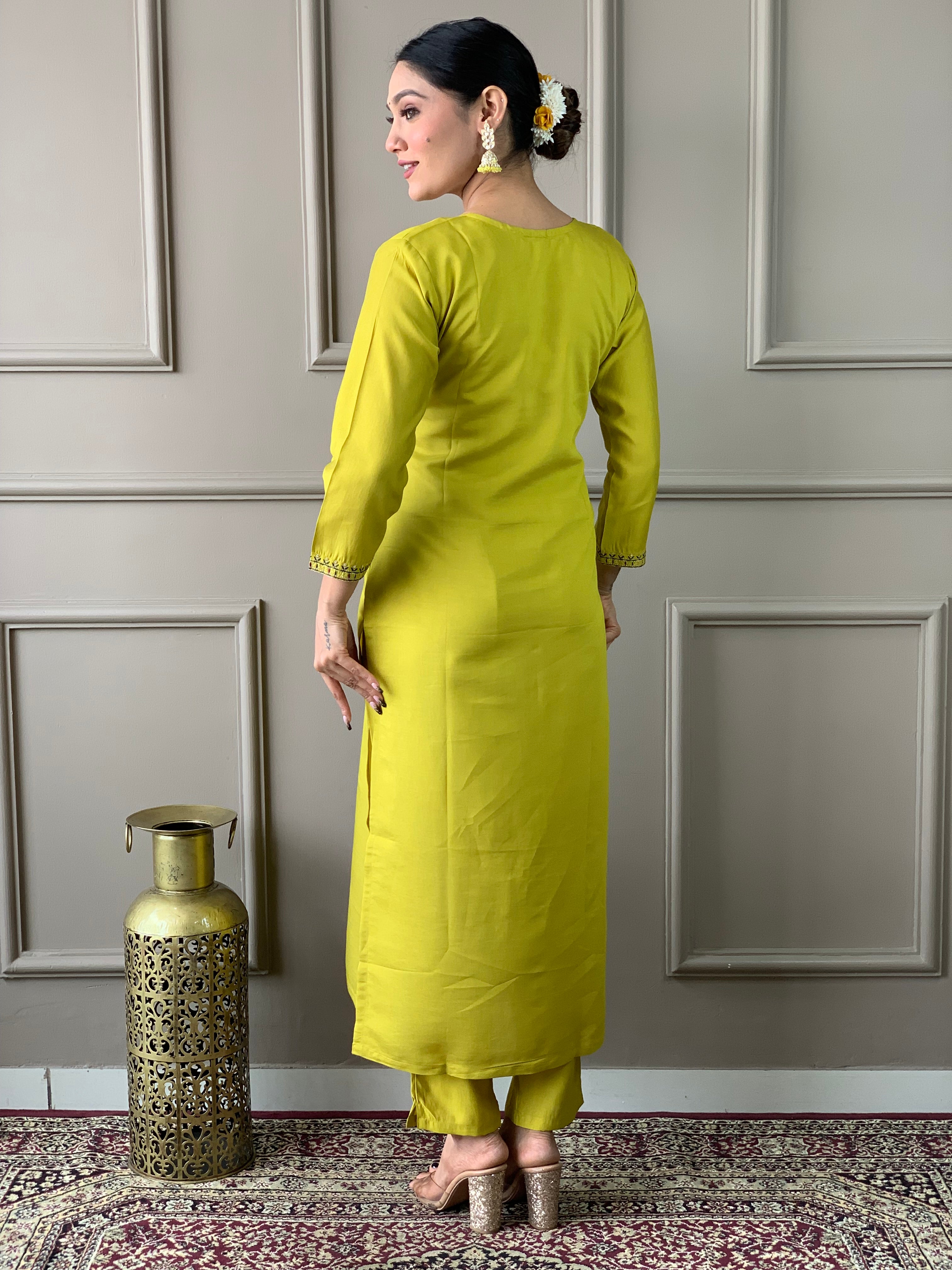 Yellow Viscose Chanderi Kurti Set with Satin Dupatta