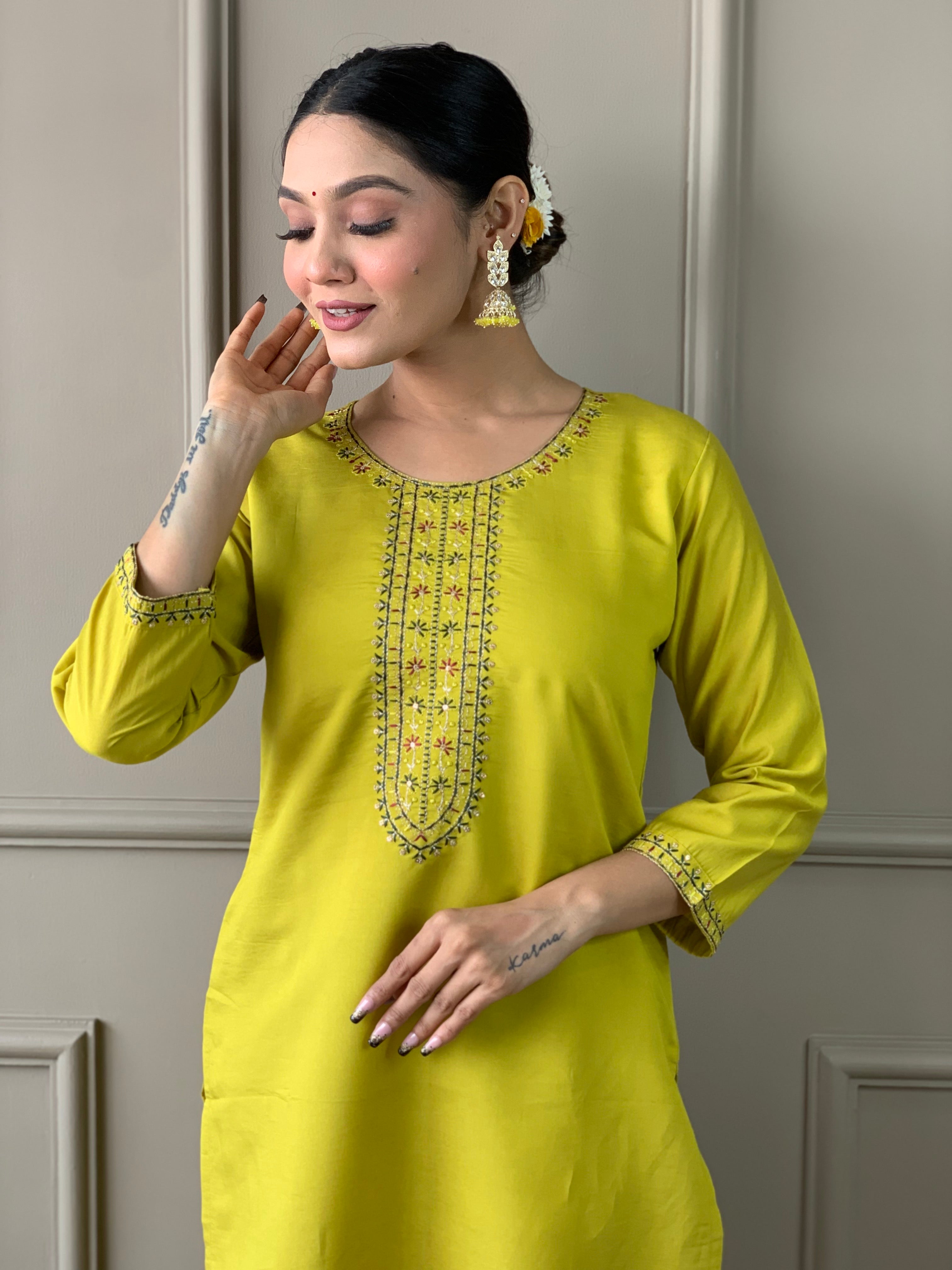 Yellow Viscose Chanderi Kurti Set with Satin Dupatta