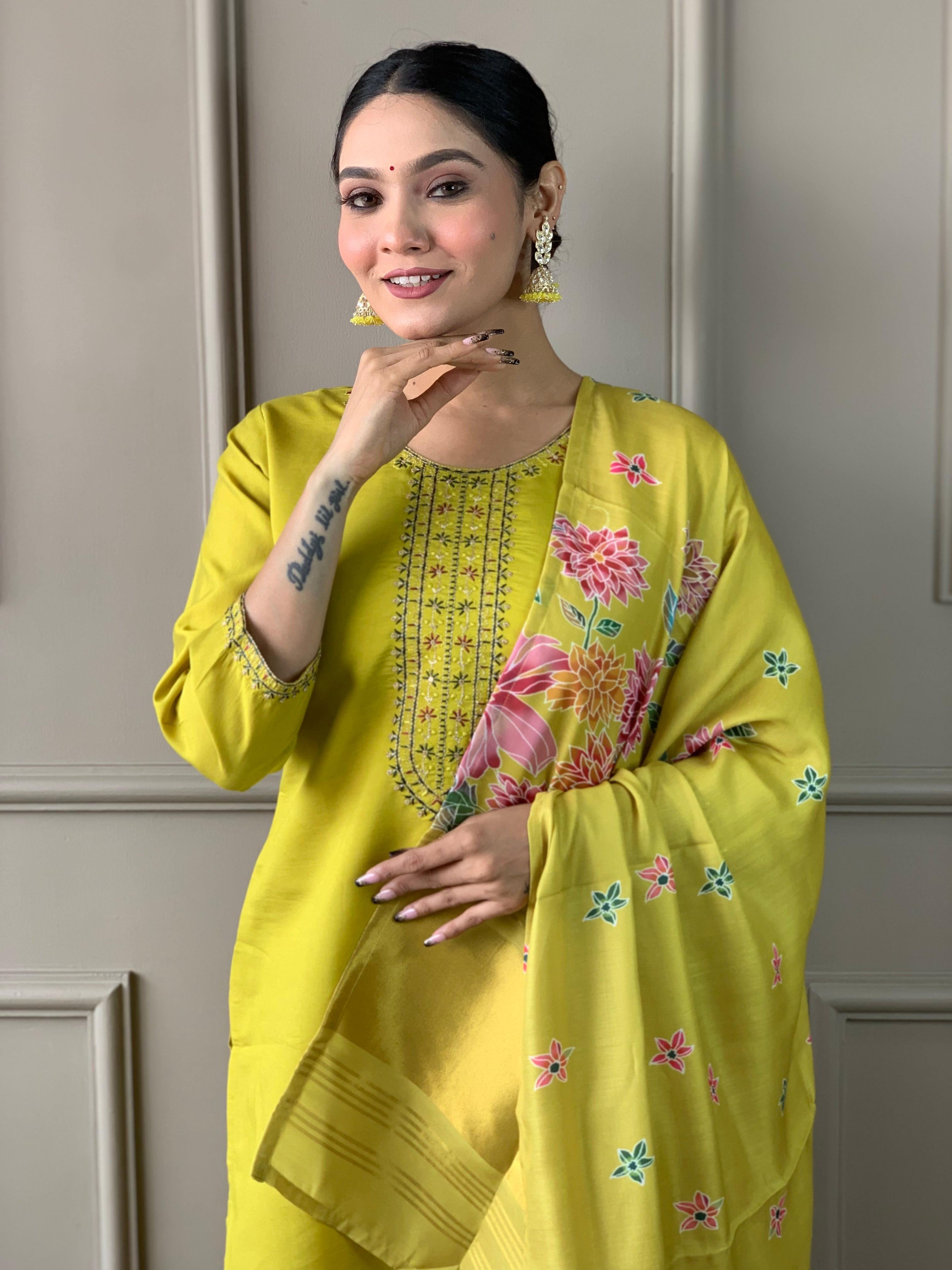 Yellow Viscose Chanderi Kurti Set with Satin Dupatta
