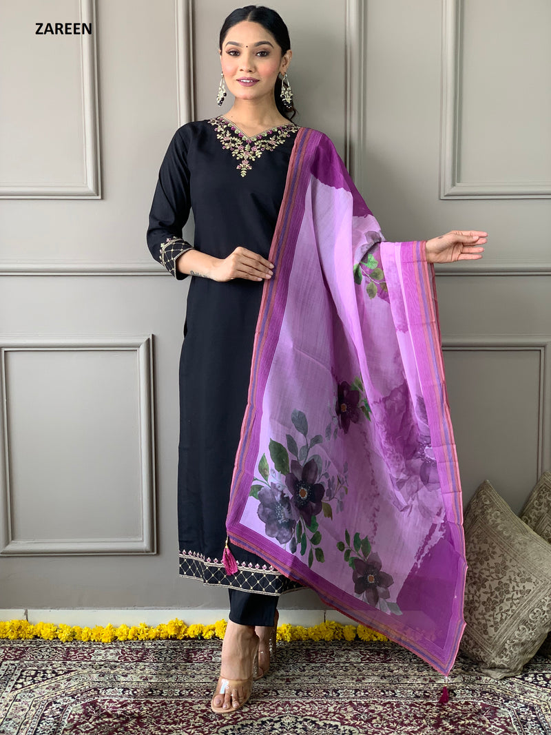 Black Viscose Chanderi Kurti Set with Floral Nylon Tebby Dupatta